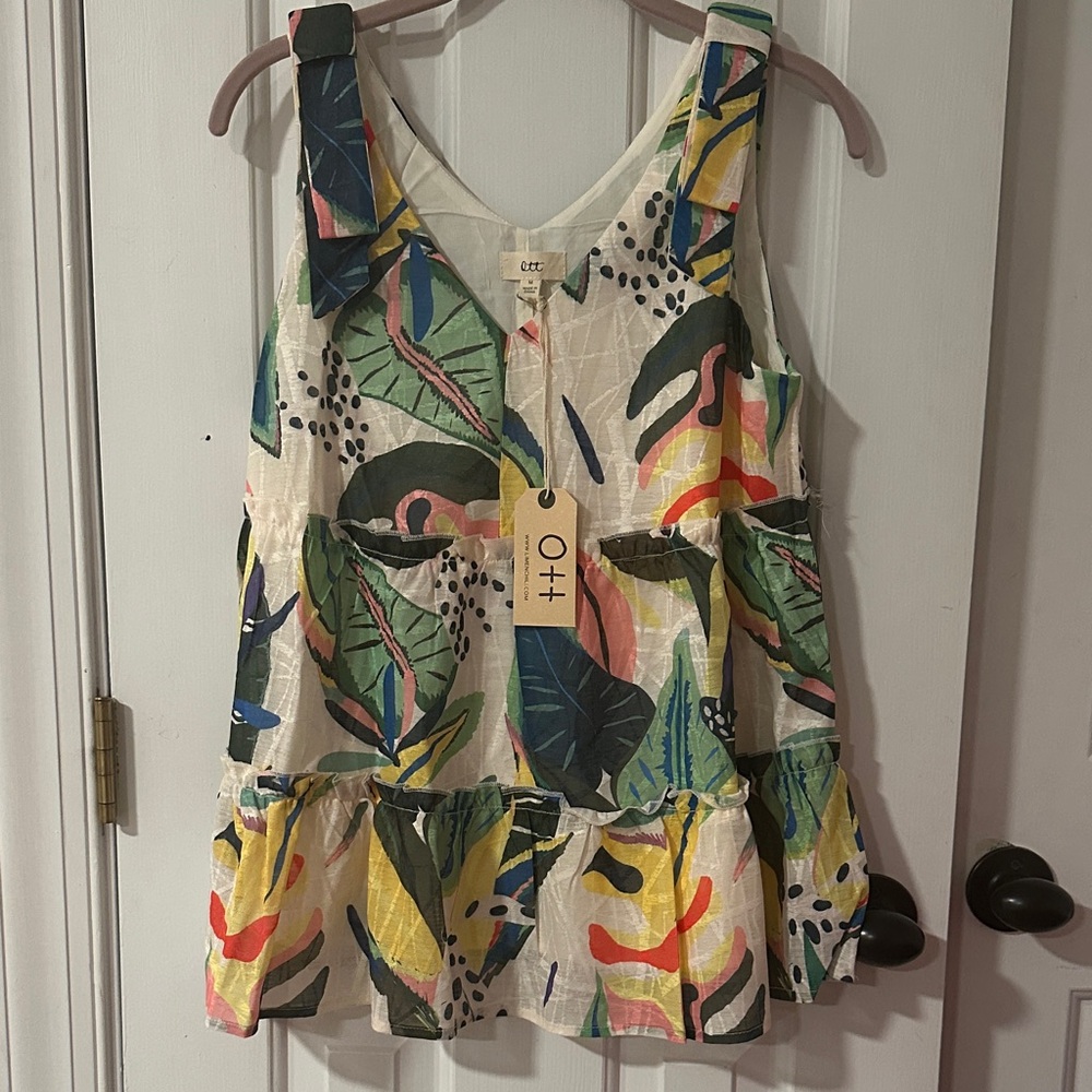 NWT Ott BoHoTropical Print Ruffle Hem Tank Top